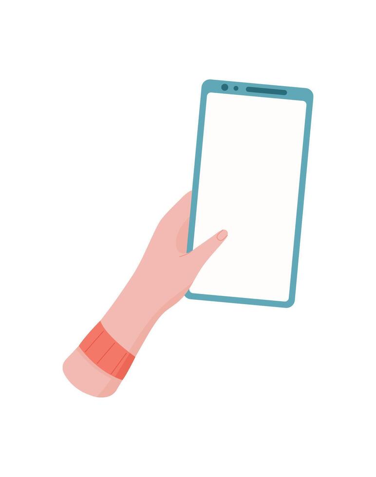 A hand holds a smartphone with a blank screen. The mobile device rests in the palm of user. This mobile phone offers template for various applications, flat style, and simple layout suitable for vector