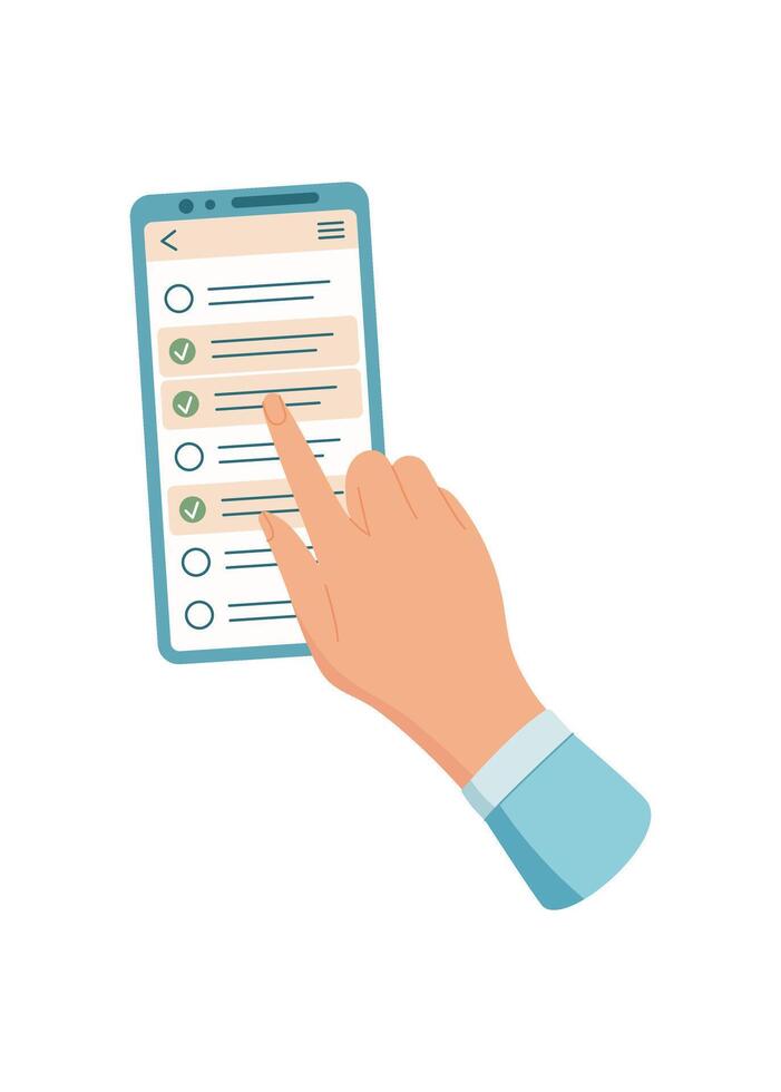 A hand holds a smartphone screen. A user interacts with a mobile app using gesture. Engaging with the phone allows for online access, social media connection, and modern communication. vector