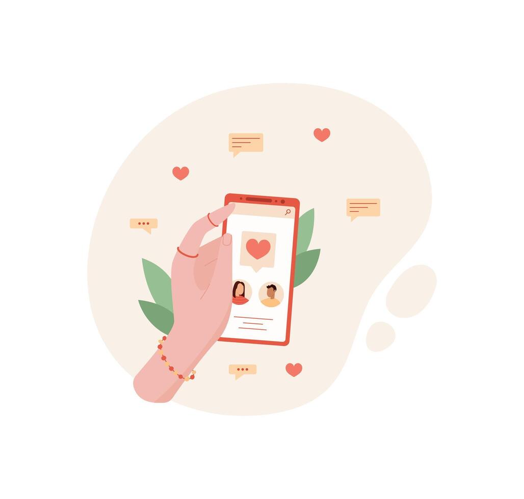 A hand holds a phone displaying a dating app. A user interacts with the mobile application through swipes and taps on the screen. Online social interaction reflects modern communication, digital vector