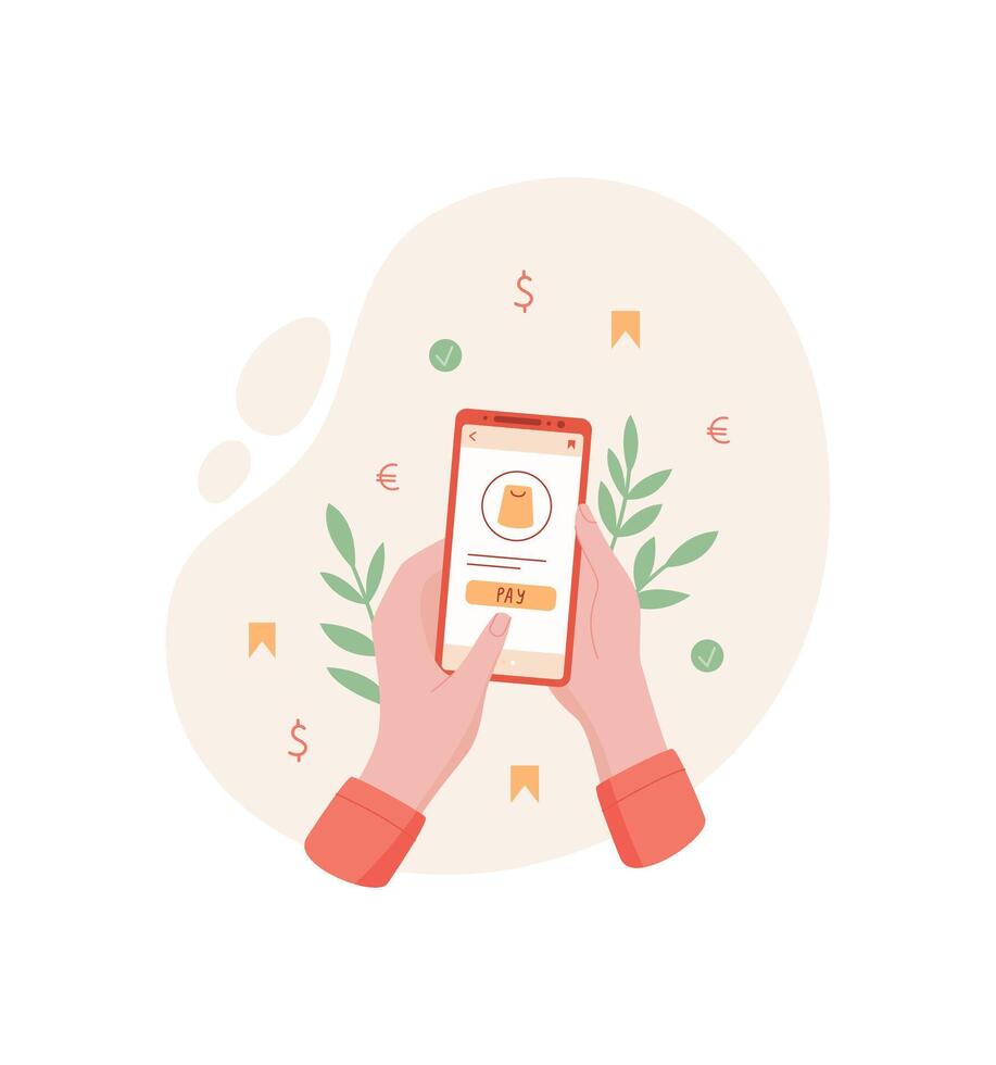 A user holds a phone with payment app. The mobile device features a clear screen for transactions. This context represents technology and online business interactions, simple yet effective. vector