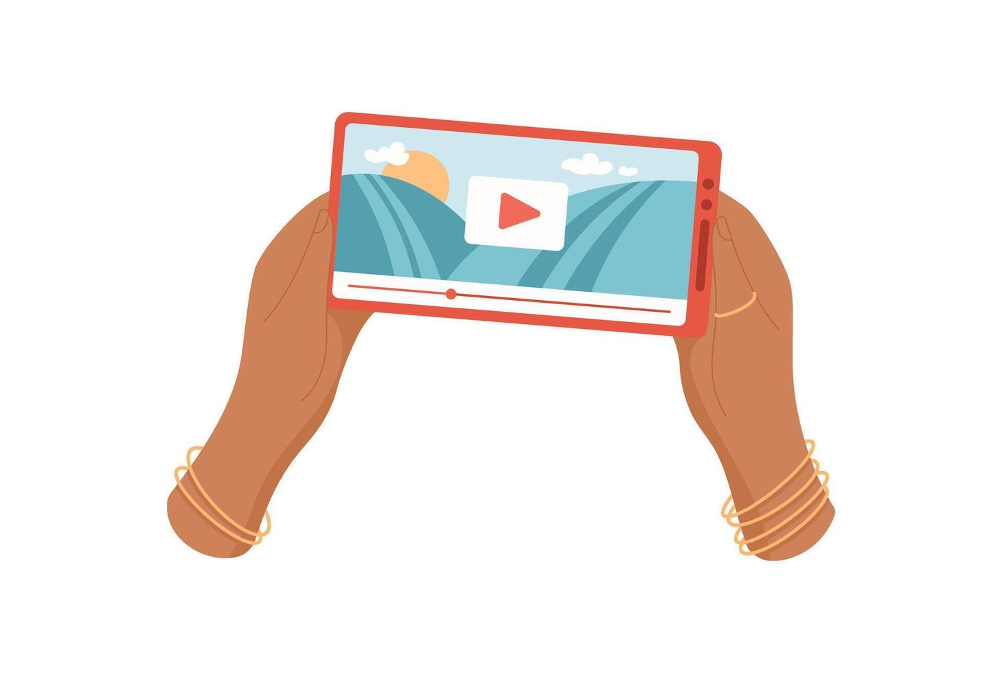 Hands hold a smartphone with a play screen. A user interacts with mobile device to enjoy media. A person touches the screen for app functionality, digital technology, online communication, vector