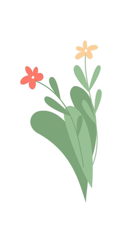 Vibrant flower plant represents beauty in a flat style. Bright petals and green leaves showcase blooming nature. This botanical illustration emphasizes organic elements, aesthetic concept, and vector