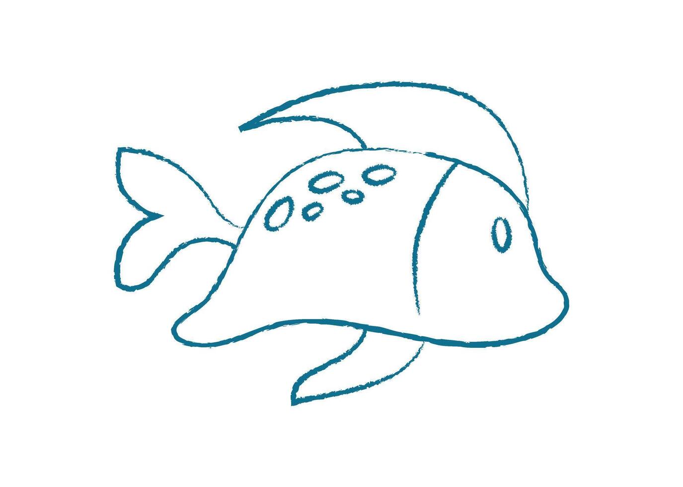 Cartoon fish silhouette. Underwater creature swims gracefully in the ocean. This doodle graphic showcases a playful aquatic icon, perfect for summer designs, Chalk and crayon style vector