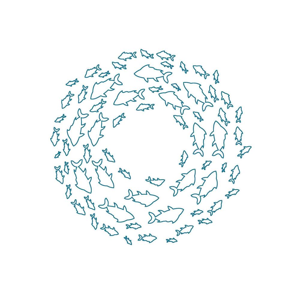 outline fish school silhouette. Many aquatic creatures swim in an ocean pattern. Underwater life, doodle style, perfect for marine projects or aquarium decor. vector