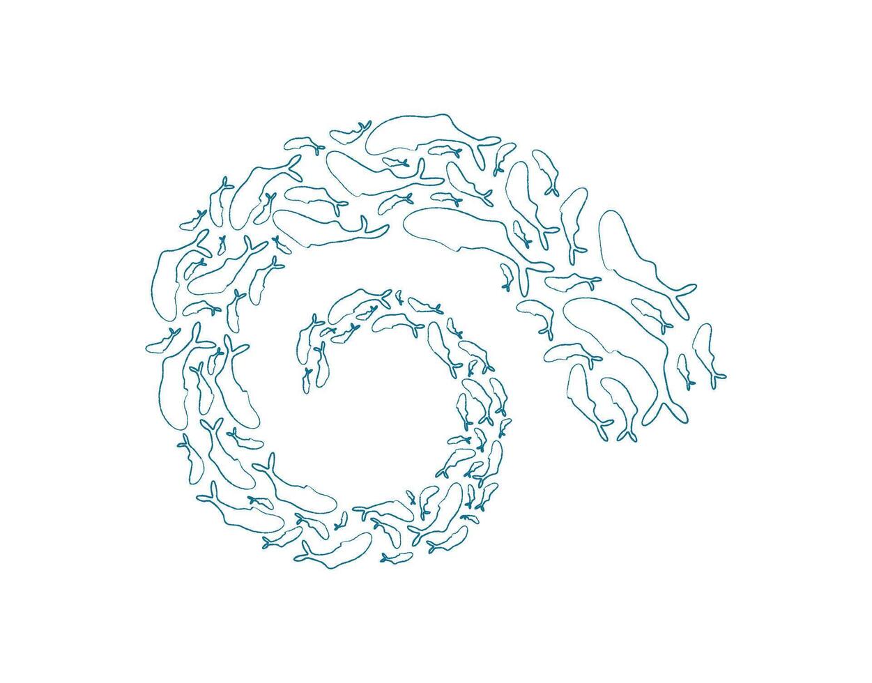 Whale school silhouette pattern. Group of aquatic creatures in a round shape. Ocean life, chalk texture, undersea context, potential for summer designs. vector
