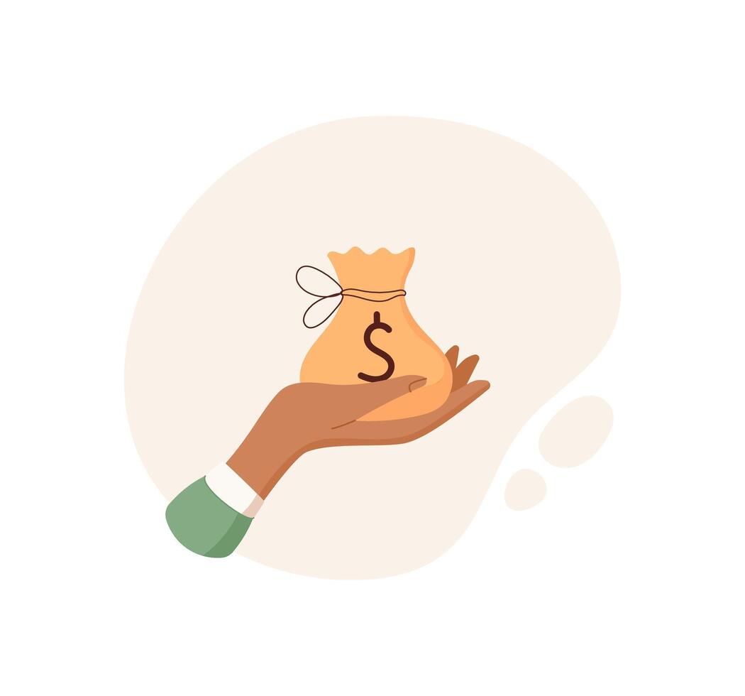 Hand holding money sack. Gesture of cash transfer. Payment concept, flat style, suitable for business and finance visuals. vector