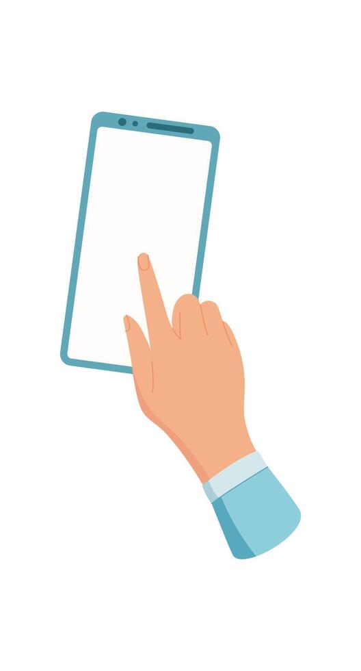 A hand holds a mobile phone with an empty screen. A user touches the template screen with a finger for various applications. This scene captures technology in flat style, ideal for digital vector