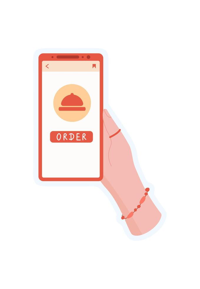 Sticker of hand holding phone. Illustration of mobile app with order button. Digital device concept, simple style, ideal for media, online commerce, or delivery services. vector