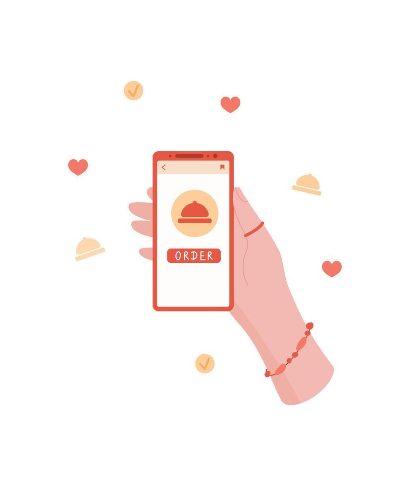 A hand holds a phone displaying an order app. The user interacts with a mobile application for delivery service. A graphic illustration emphasizing technology focused on online ordering. vector