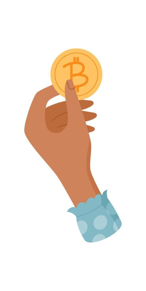 Hand holding bitcoin coin. Gesture of a human presenting a crypto currency. Payment concept, flat style, suitable for financial and business use. vector