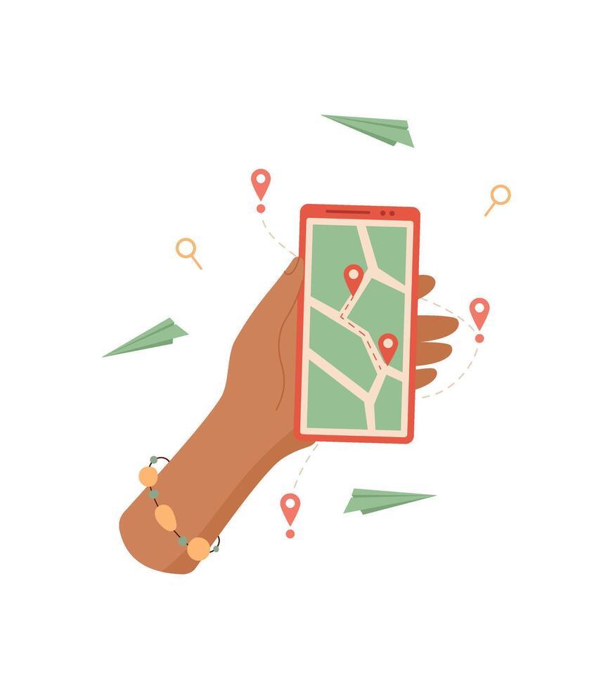 A hand holds a smartphone displaying a GPS map application. A person uses mobile device with digital navigation features. The phone screen showcases an interactive map interface, cool graphic style, vector