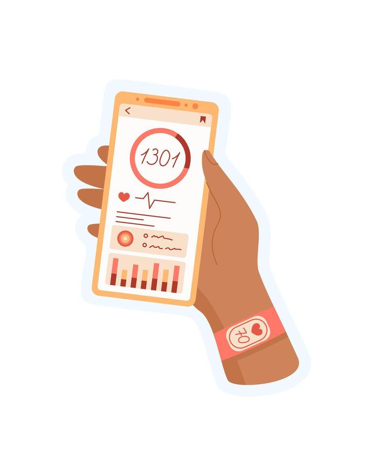 Hand holds a smartphone with an app open on screen. User interacts with the mobile device in a digital context. Cool gesture representation, sticker style, suitable for technology promotion. vector