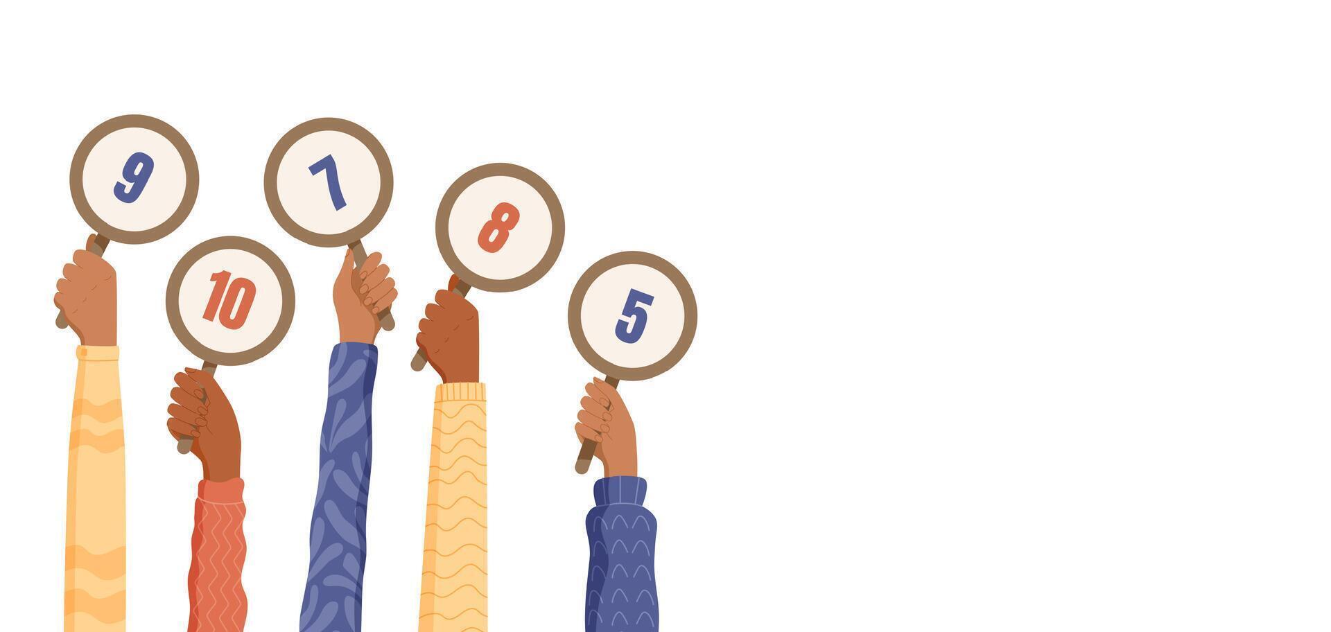 Hands hold cartoon rating signs with numbers. Feedback and evaluation are shown in a creative way. Modern review concept for customer surveys and opinion on performance, grade, satisfaction. vector