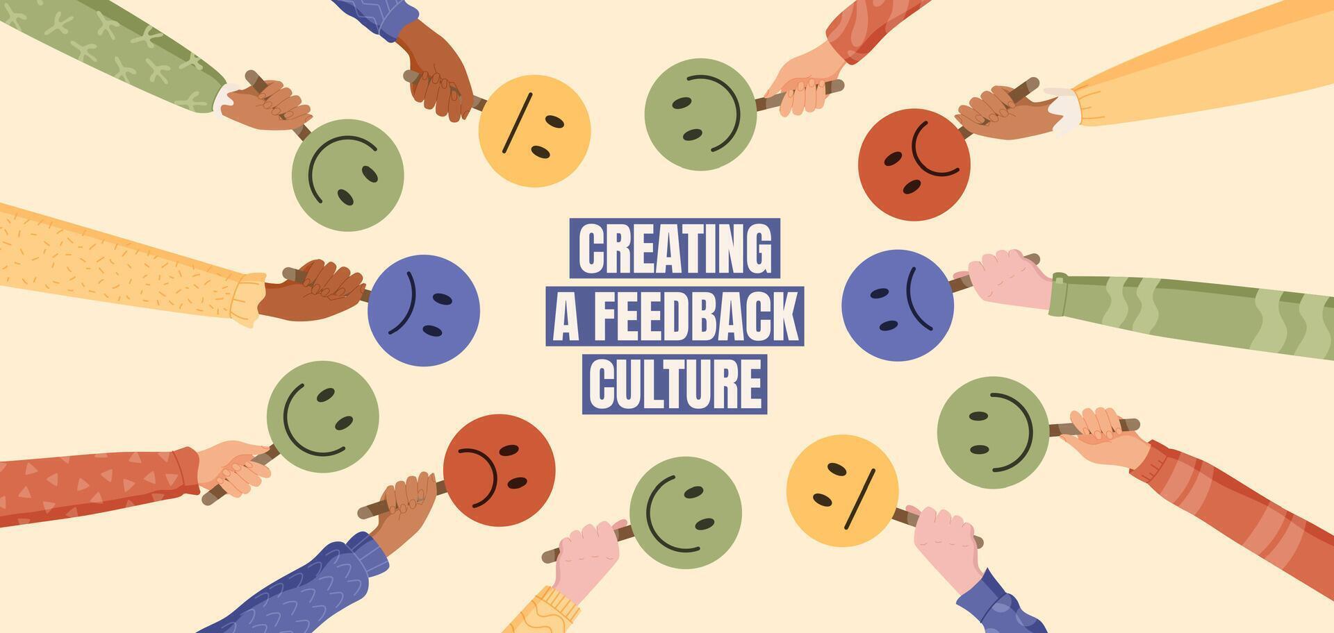 Flat feedback culture with customer review and survey concept. Hands hold emoji faces for feedback, opinion, and satisfaction. Creative marketing for client support, colorful layout business success. vector