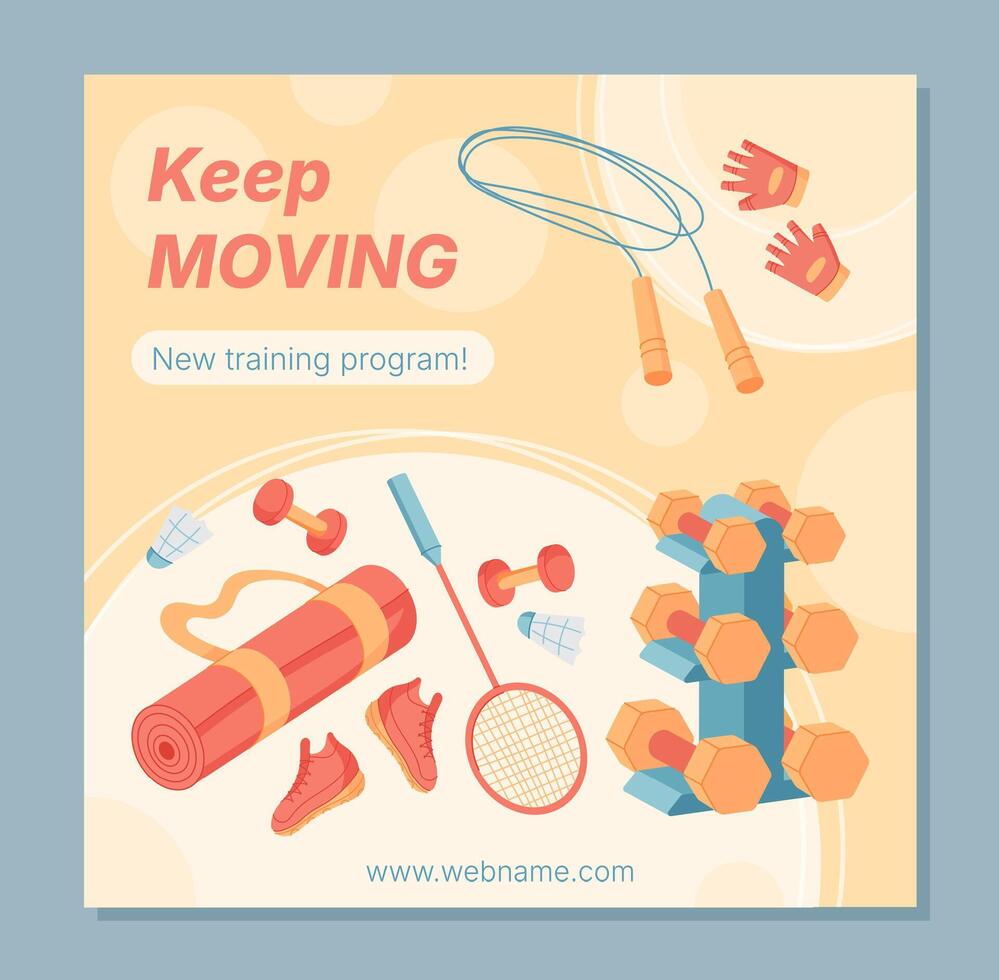 Colorful sport equipment banner design in minimal style. Gym and fitness tools highlight training and exercise. Vibrant workout accessories emphasize modern lifestyle, perfect for banners templates. vector