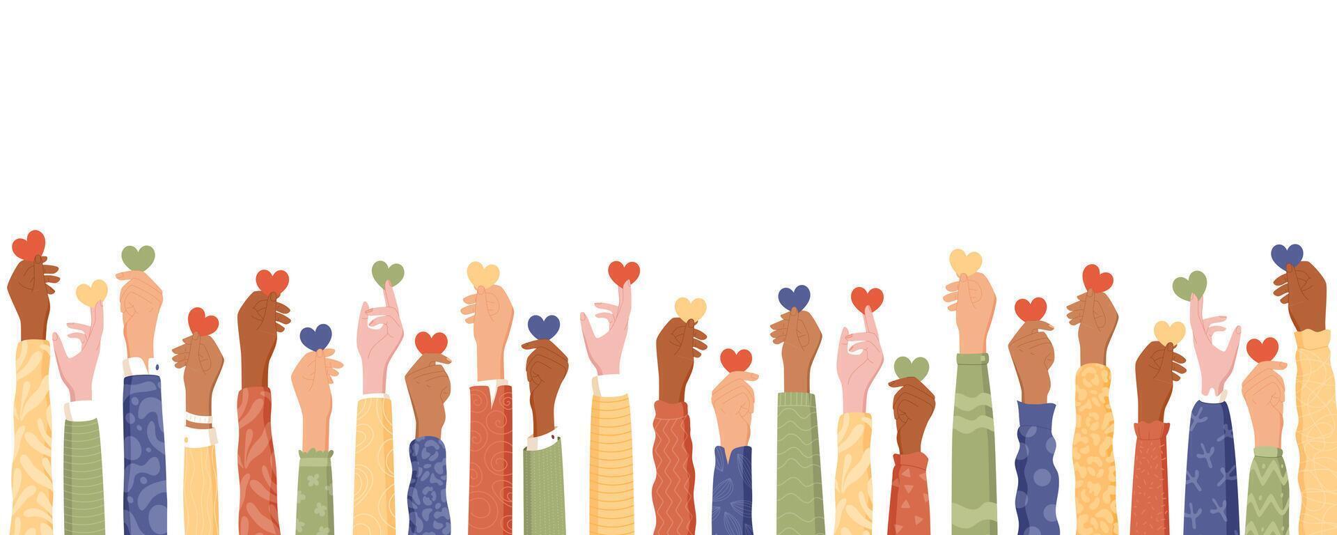 Colorful flat multicultural hands with hearts. Raised arms symbolize charity and community together. Volunteer solidarity and help concept banner, uplifting creative style. vector