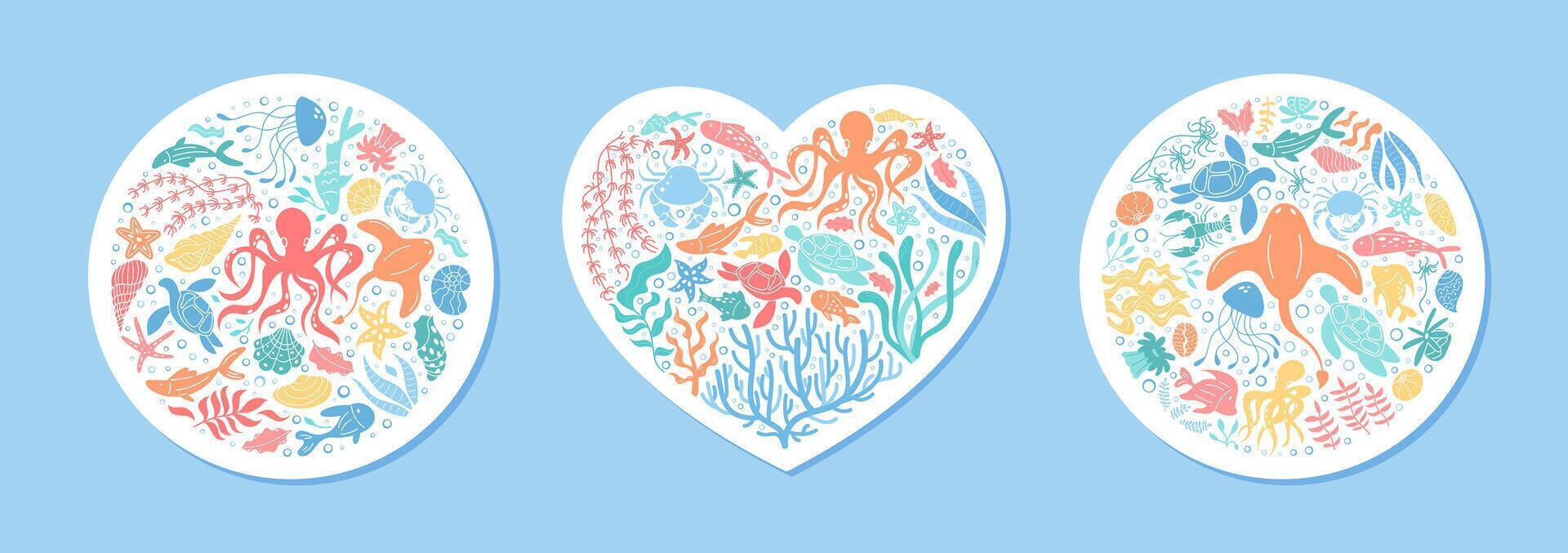 Underwater cartoon design with heart and circle shapes sticker. Aquatic life with octopus, jellyfish, fish, and turtles. Marine creatures form colorful round stickers for ocean themes. vector