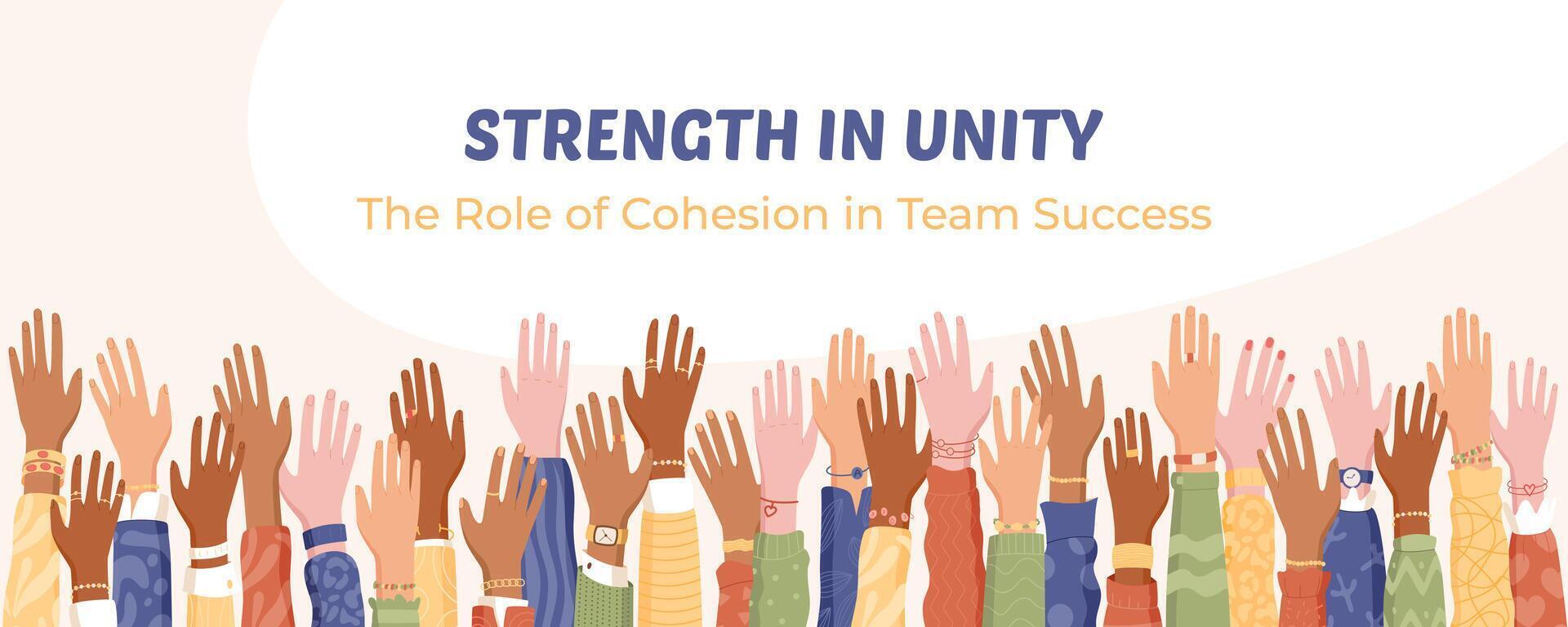 Raised colorful hands symbolize community unity and teamwork. A vibrant representation of people, solidarity, and diverse support. Ideal for charity, volunteerism, banners, social campaigns, vector