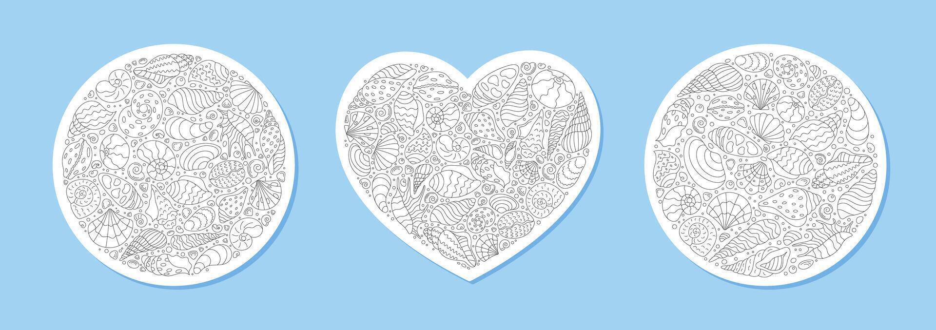Underwater pattern sketch with round and heart shapes of seashells. Contour outline of marine elements and aquatic mollusks. Seamless concept with delicate sea background, showcasing shells in vector