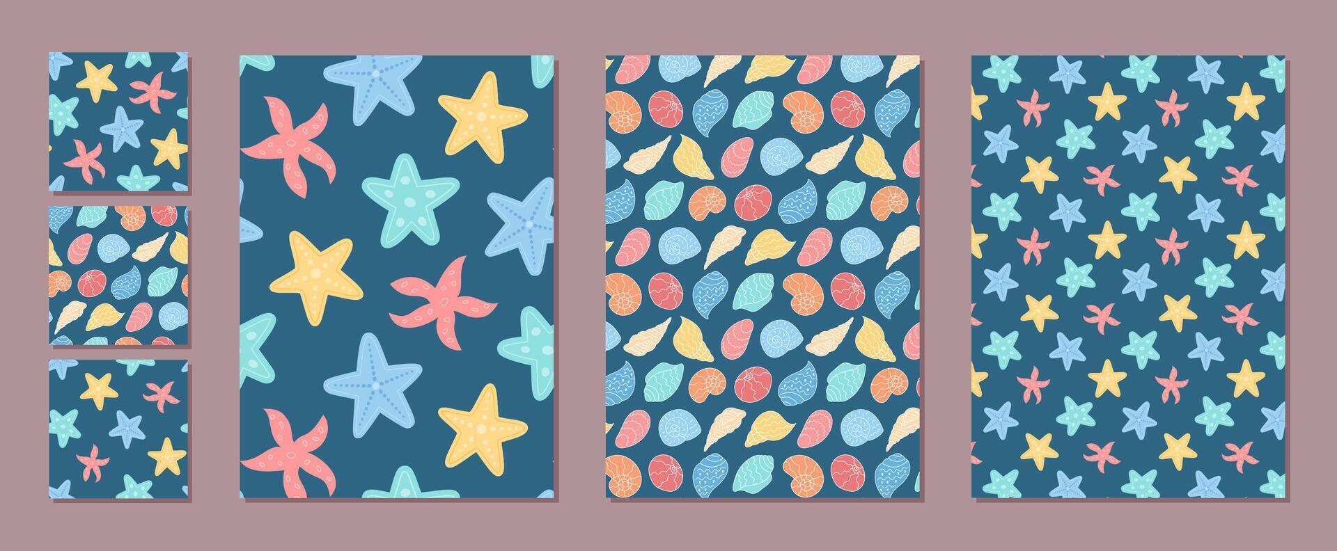 Underwater marine seamless pattern set with vibrant cartoon starfish and seashells. Ocean background highlights sea and shell motifs. Ideal for summer designs, marine projects, coastal decorations. vector