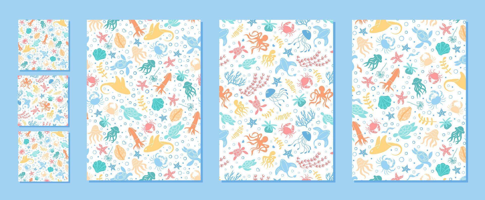 Seamless marine life pattern with aquatic creatures in flat cartoon graphic style set. Underwater sea and ocean elements include fish, coral, and jellyfish. Perfect decorative set for marine vector
