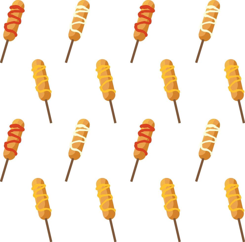 Seamless pattern corn dogs with mustard, ketchup, mayonnaise. For street food, packaging, wrapping paper, snack themed design. vector