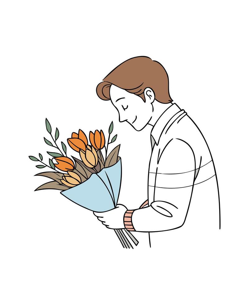 Man Holding Tulip Bouquet - Line Art vector