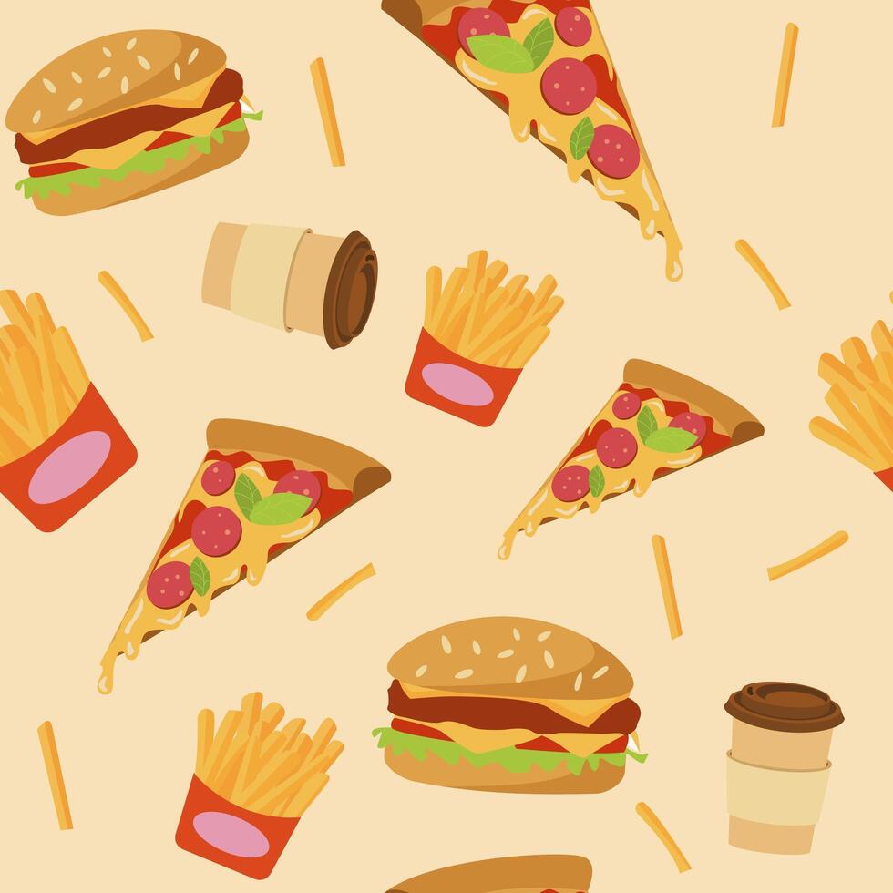 Pattern of burgers, pizzas, and fries vector