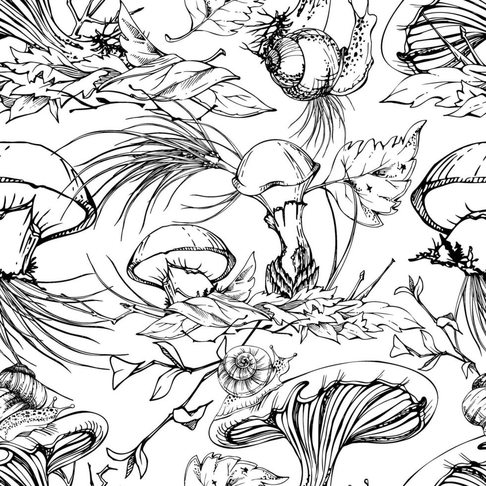 Russula webcap Suillus larch bolete slippery jack mushroom. Fungi natural seamless pattern hand drawn in ink. Crawling snail on cap, on top of fallen autumn leaves pile with twigs, pine needles vector