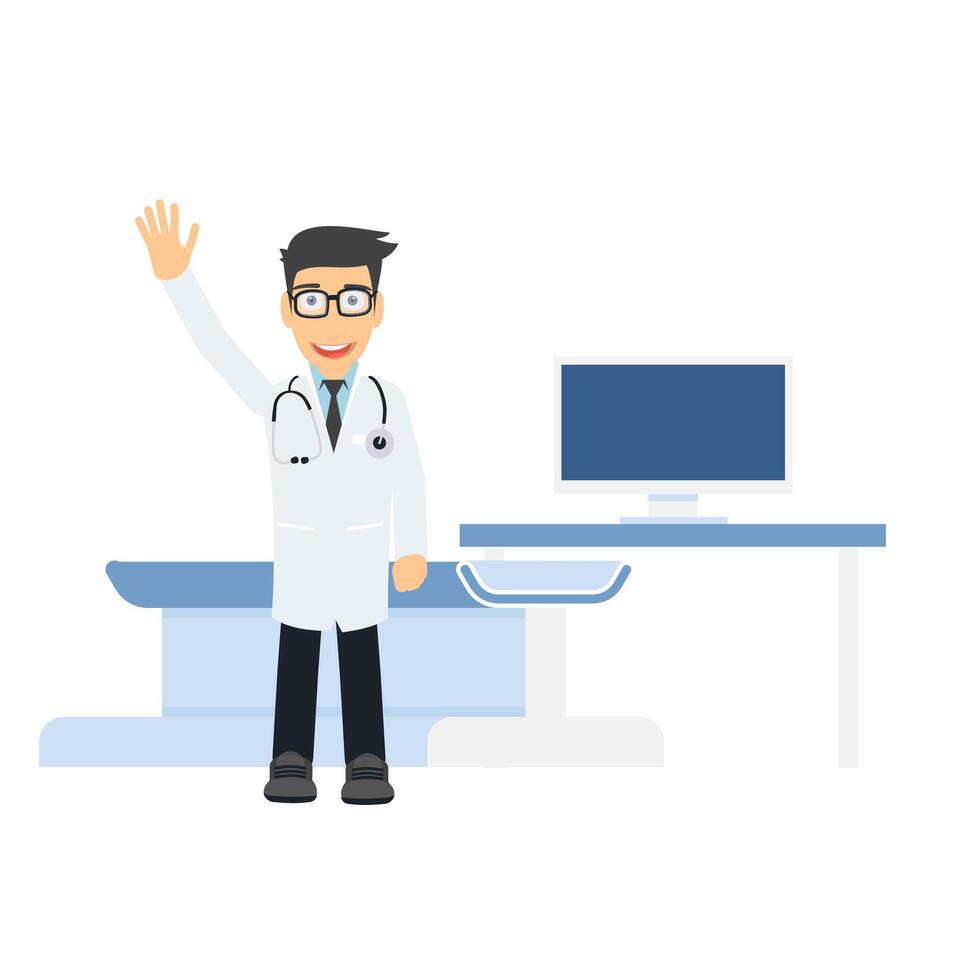 Doctor. Therapist greets and waves his hand. vector