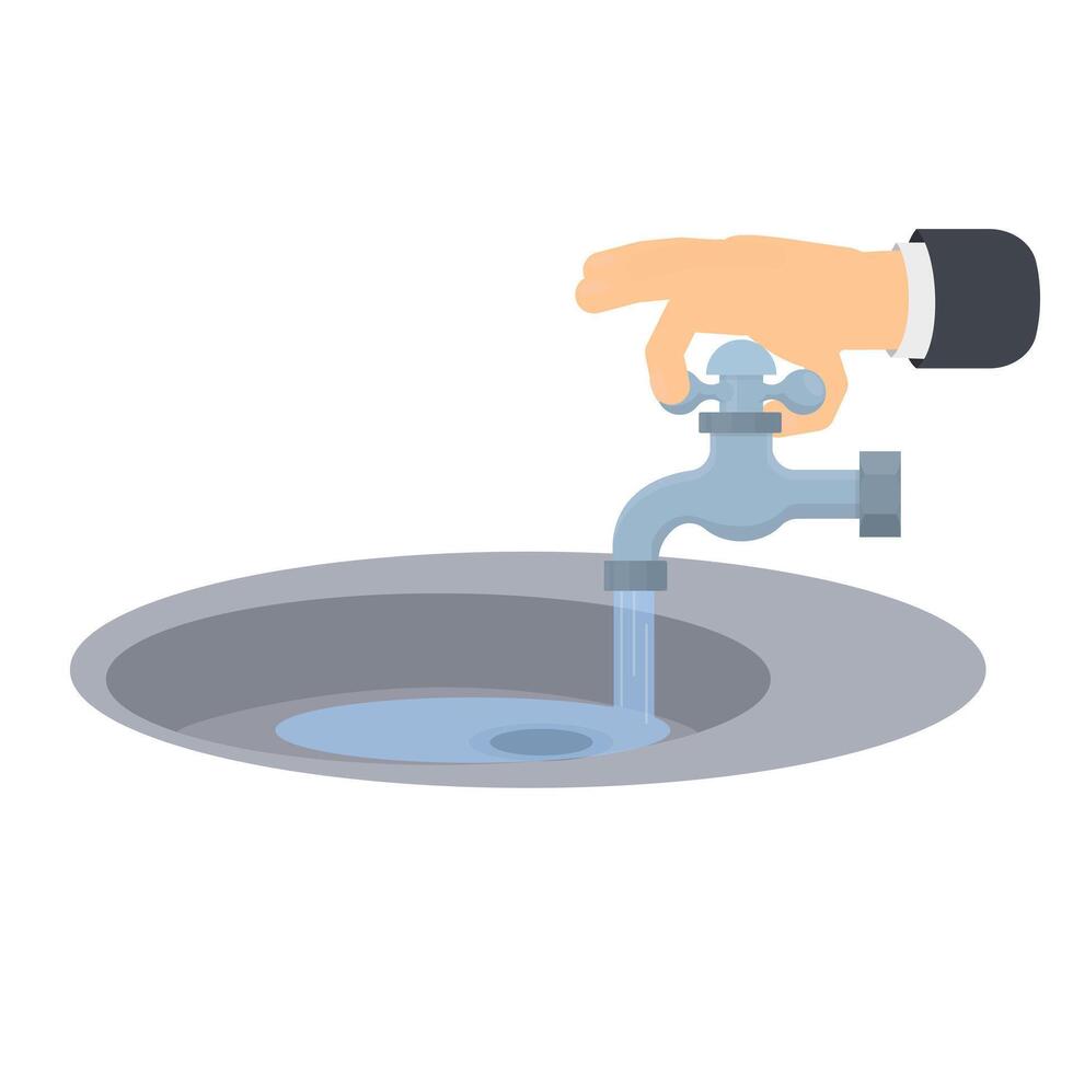 Hand turning water tap. Water tap. vector