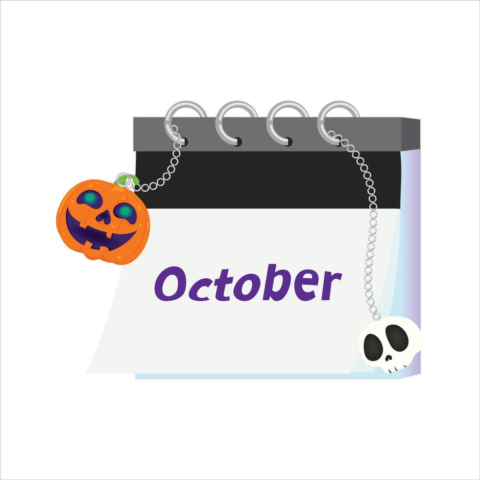 Illustration of October calendar themed for Halloween. Features cute cartoon-style pumpkin and skull hanging ornaments. Perfect for holiday planning, seasonal art, and spooky digital content. vector