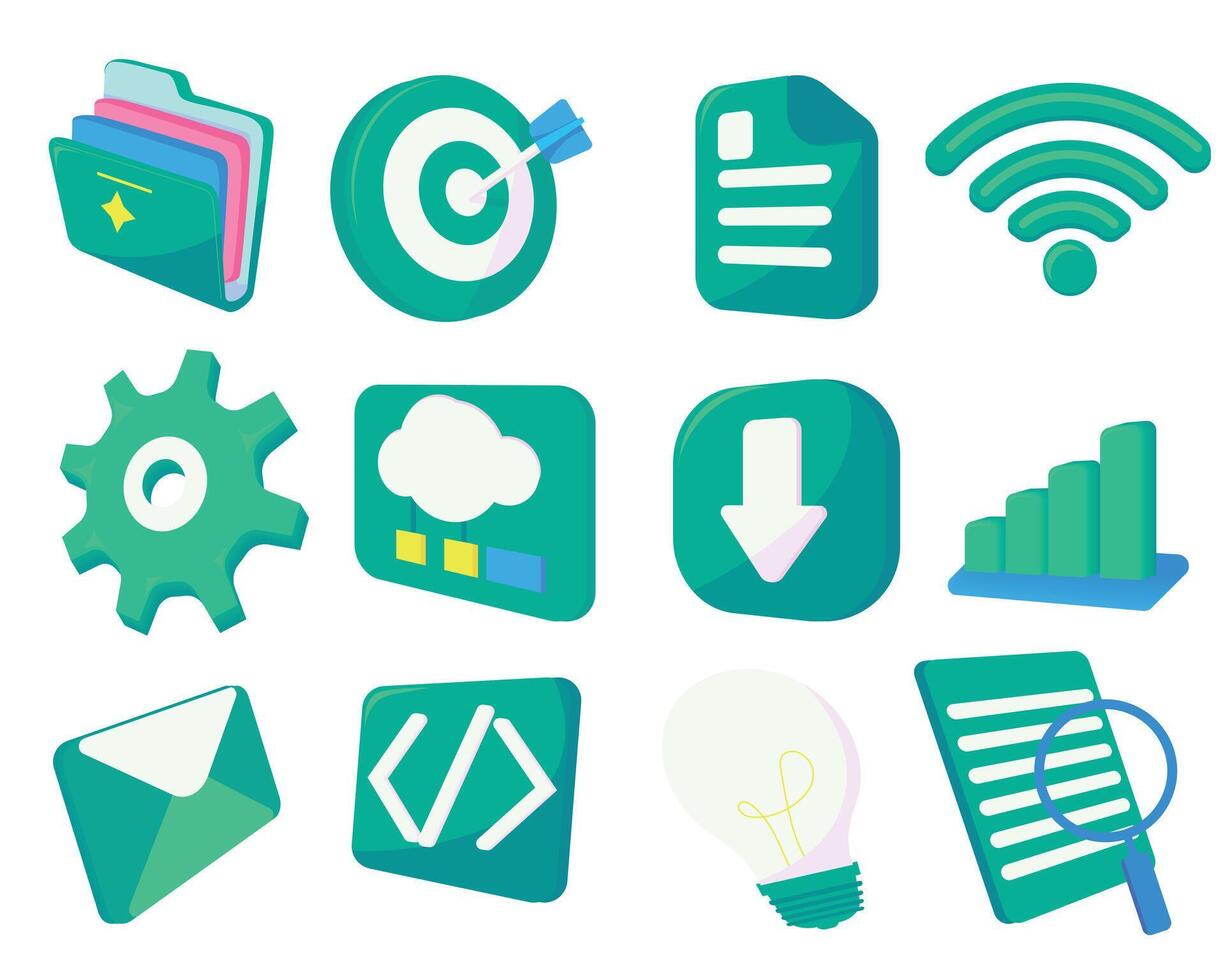 Collection of 12 business-themed icons in dark cyan. Cute and minimal flat style perfect for presentations, infographics, apps, and digital content focused on finance, teamwork, and office work. vector