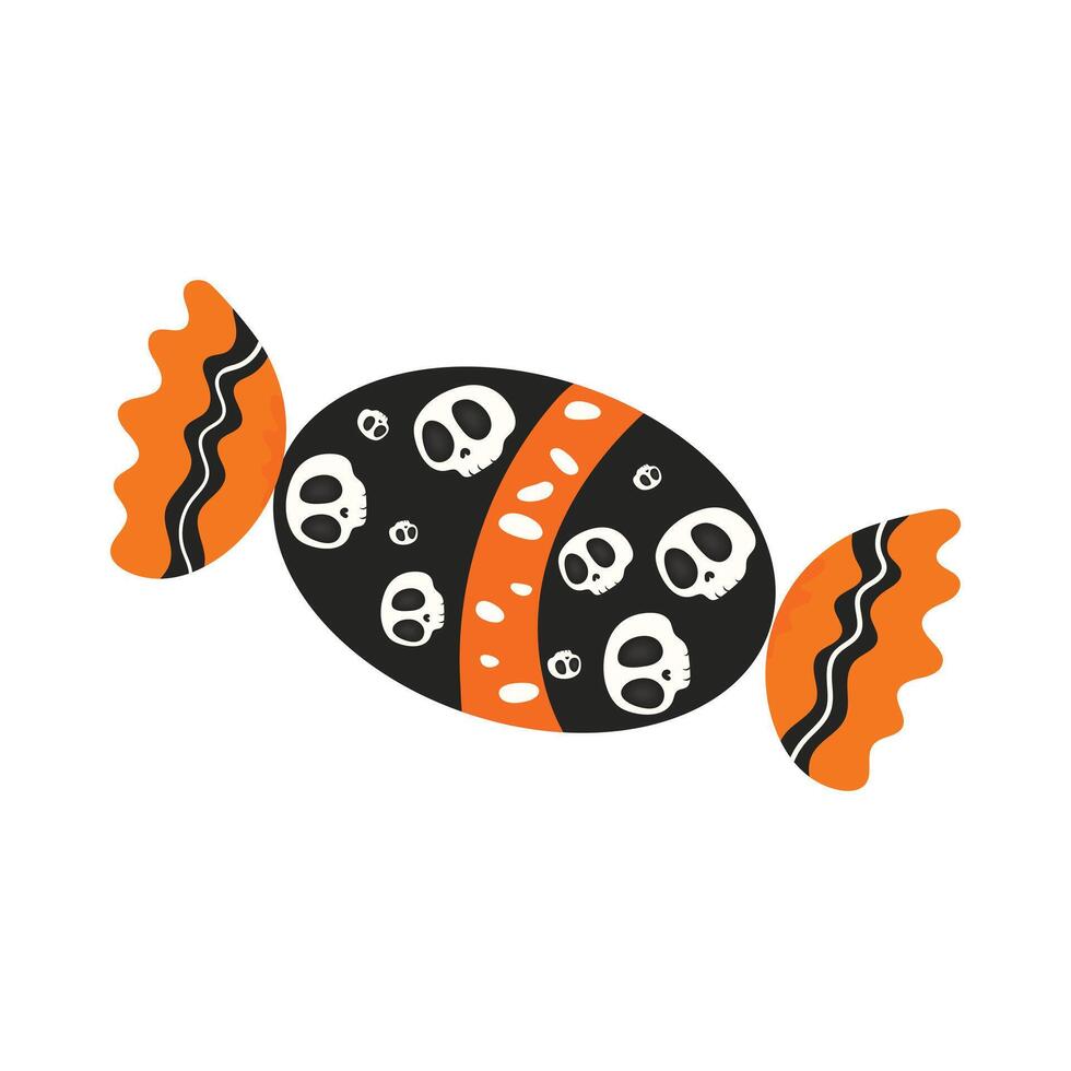Adorable Halloween candy wrapped with skull patterns in flat cartoon style, perfect for spooky designs, trick or treat events, seasonal greeting cards, party invitations, and festive decorations. vector
