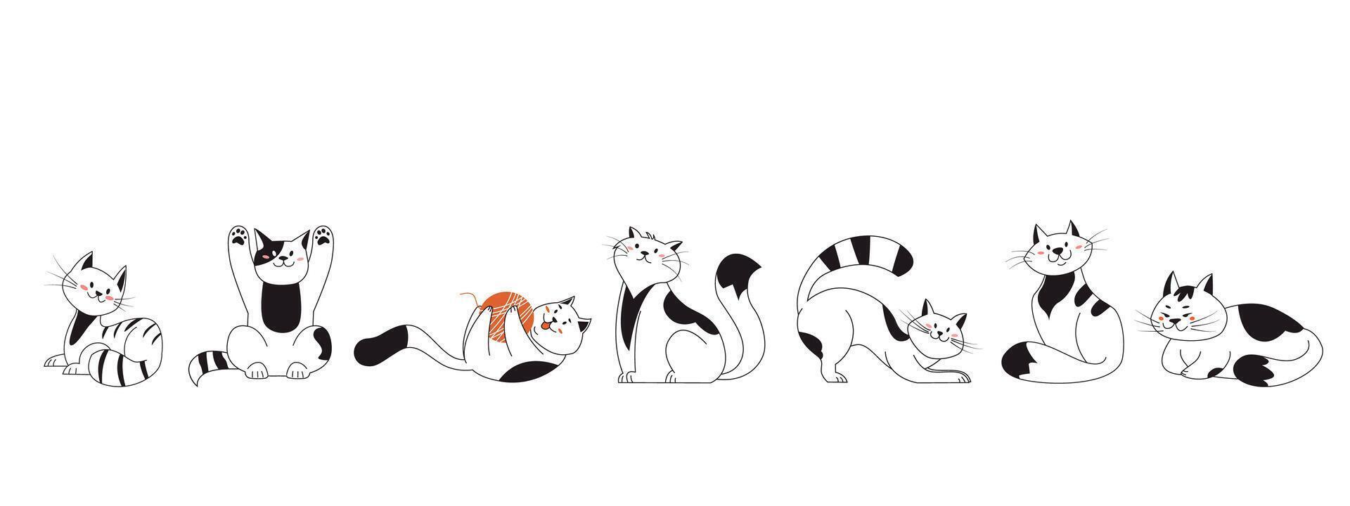 Cats lying, stretching, sitting, lying, relaxing and playing with ball of yarn. Cute purebred kittens in different poses. Pet animals funny set isolated on white horizontal background vector