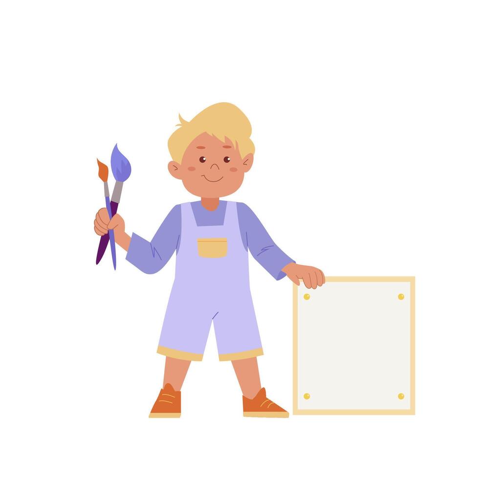 Cartoon cute boy artist holding paintbrush and canvas. Funny cartoon character. Concept of childrens art and design school. Illustration on isolated background vector