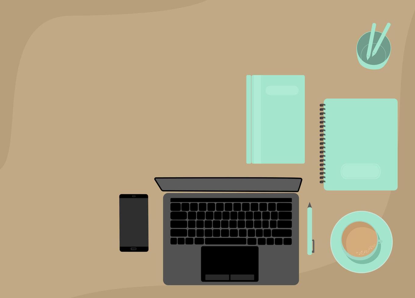 Top view of table, laptop and mobil phone and coffee. Work home situation. vector