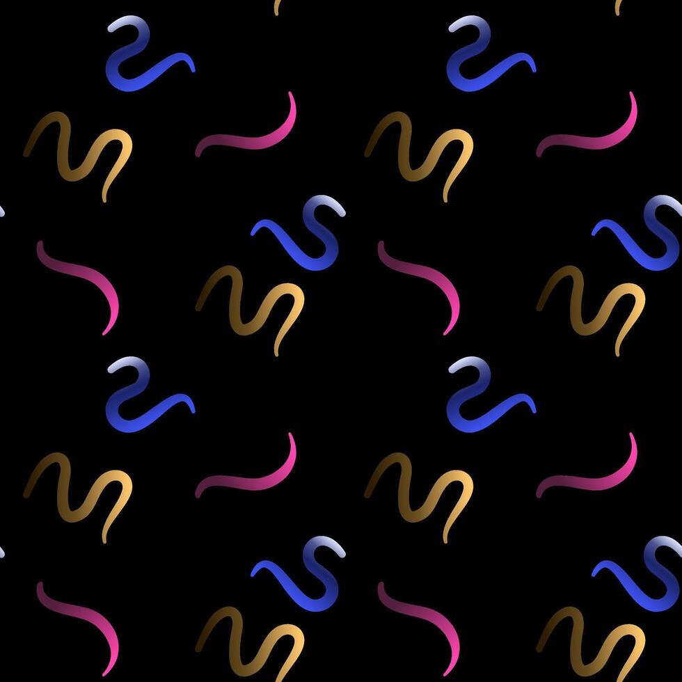 Abstract Color Gradient Swirl Shapes Seamless Pattern. Squiggly Design Elements with tapper in dark. vector