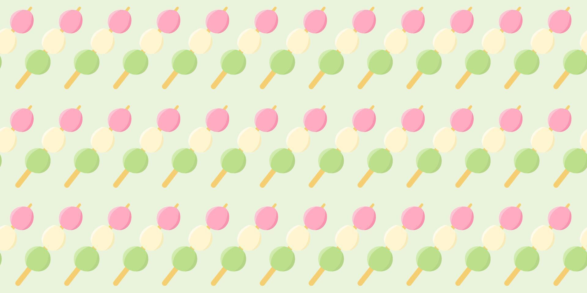 Sanshoku dango pattern illustration on light green background. Dango is Japanese traditional snack. Seamless pattern and texture background design. vector