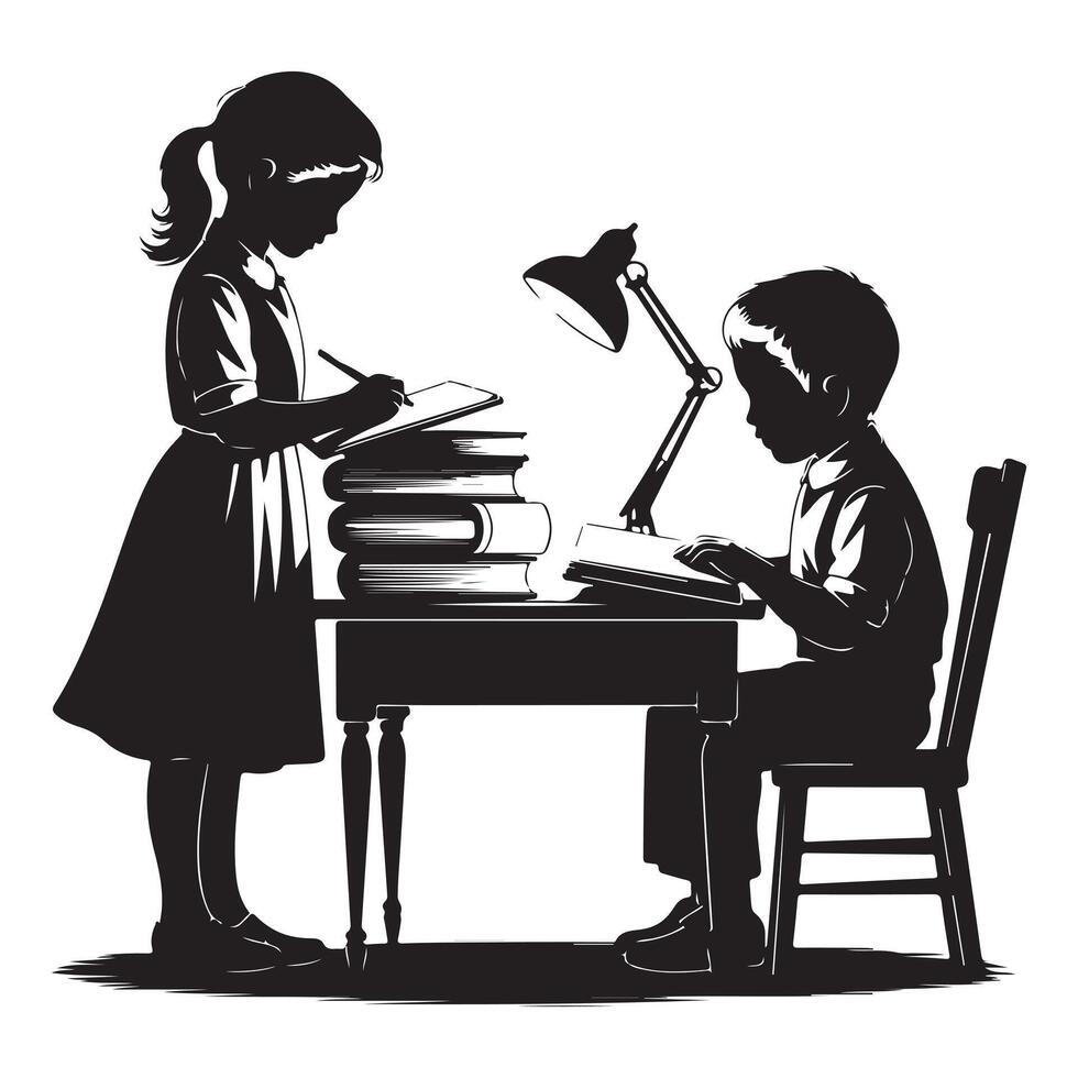 Children Reading and Writing Together Silhouette Drawing vector
