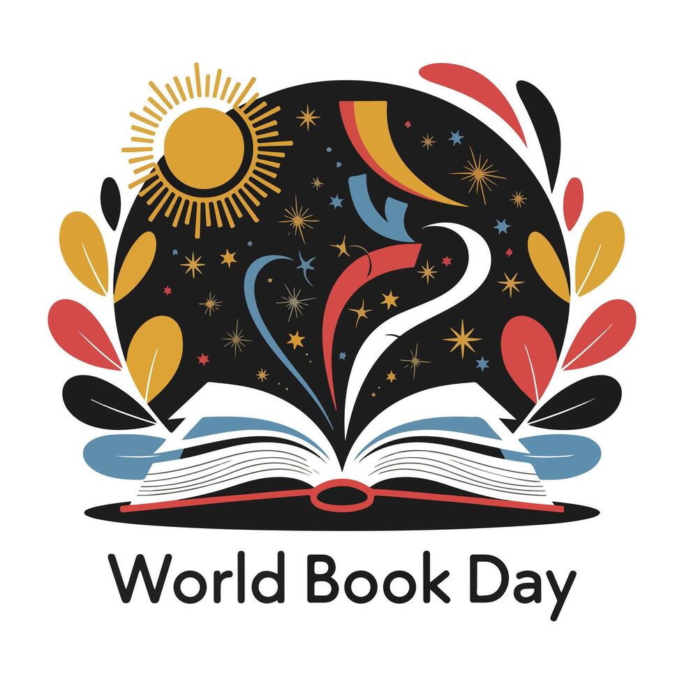 World Book Day Illustration Colorful Open Book with Magical Elements vector