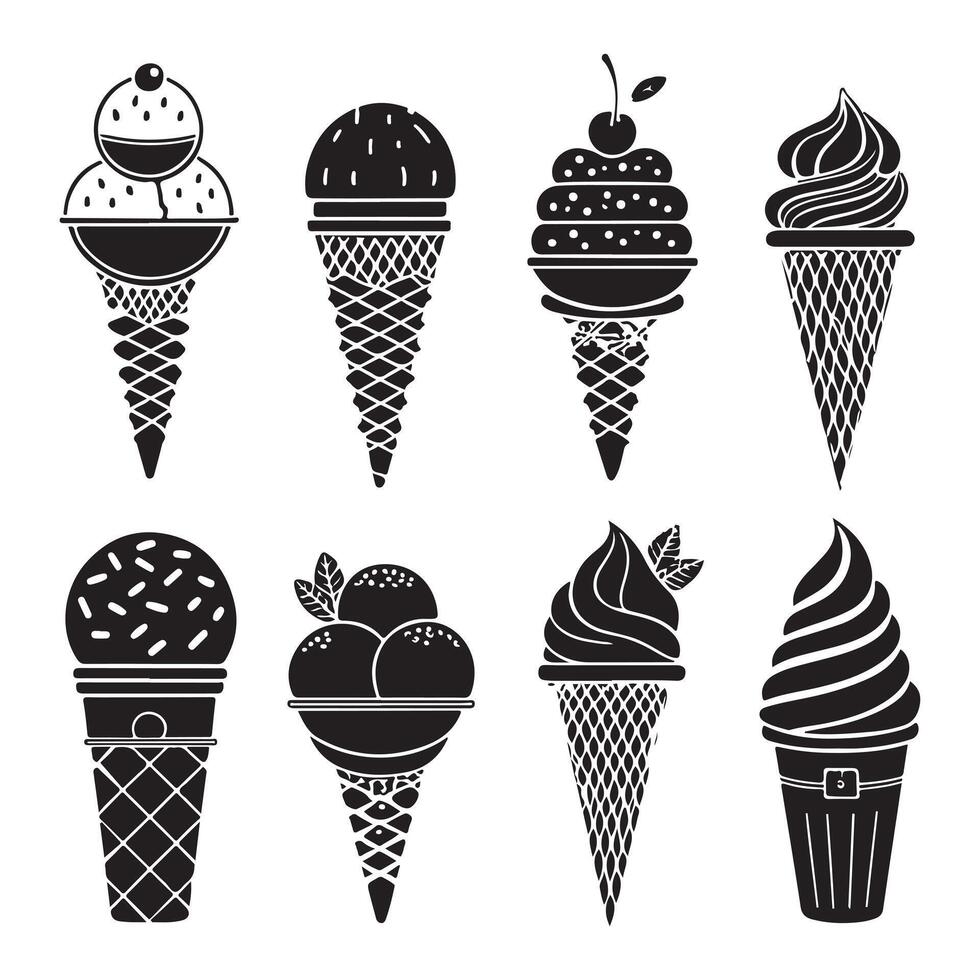 Ice Cream Cone Silhouette Set Sweet Dessert Icons Collection vector