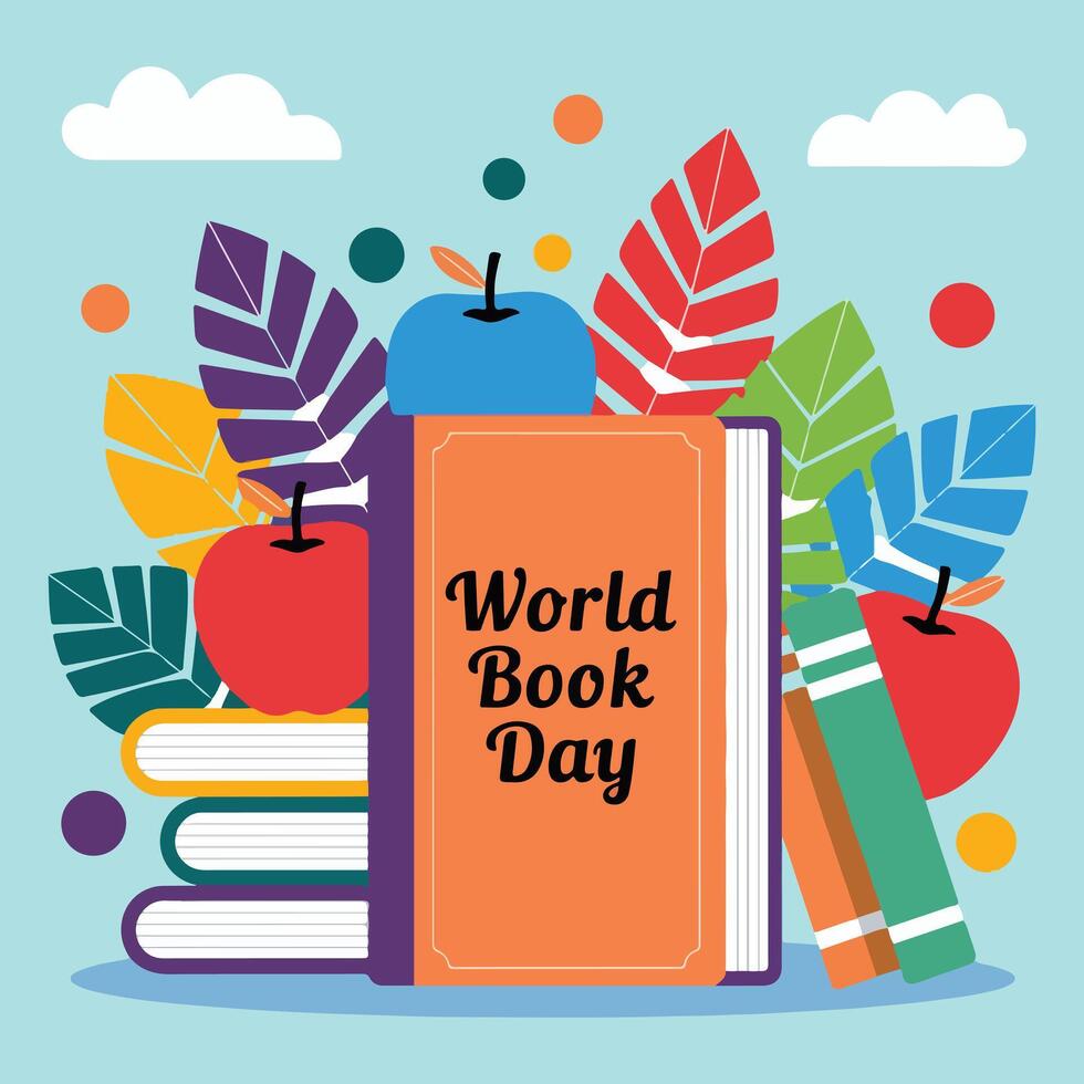 World Book Day Illustration Colorful Books and Leaves with Educational Theme vector