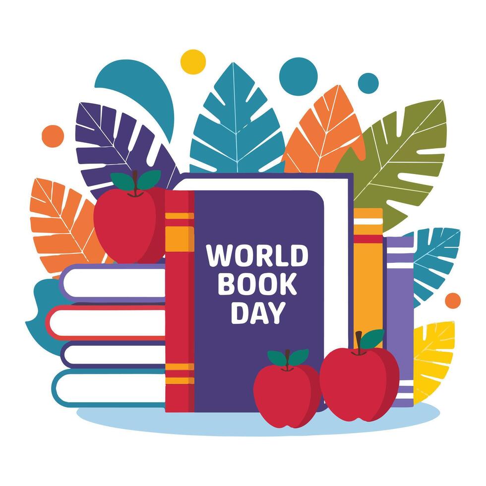 World Book Day Illustration with Colorful Stacked Books and Leaves vector