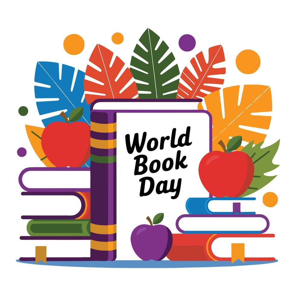 Colorful Book Pile with Leaves for World Book Day Design vector