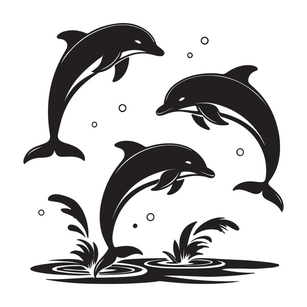 Jumping Dolphin Silhouette with Ocean Waves Illustration vector