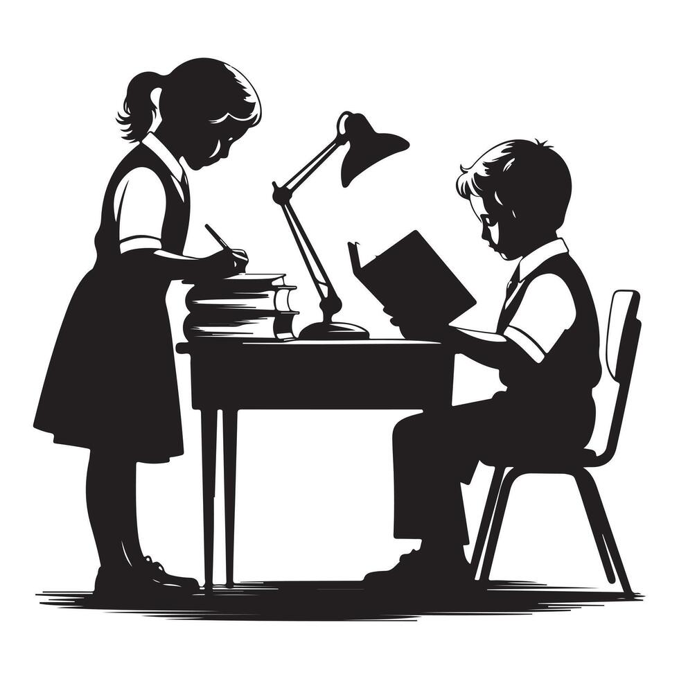 Group of Kids Studying in Classroom Silhouette Art vector