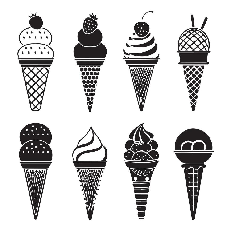 Frozen Dessert Cone Silhouettes Set vector