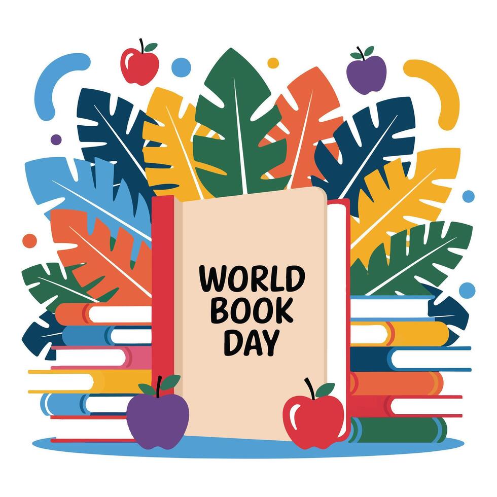 World Book Day Drawing Featuring Books and Nature Elements vector