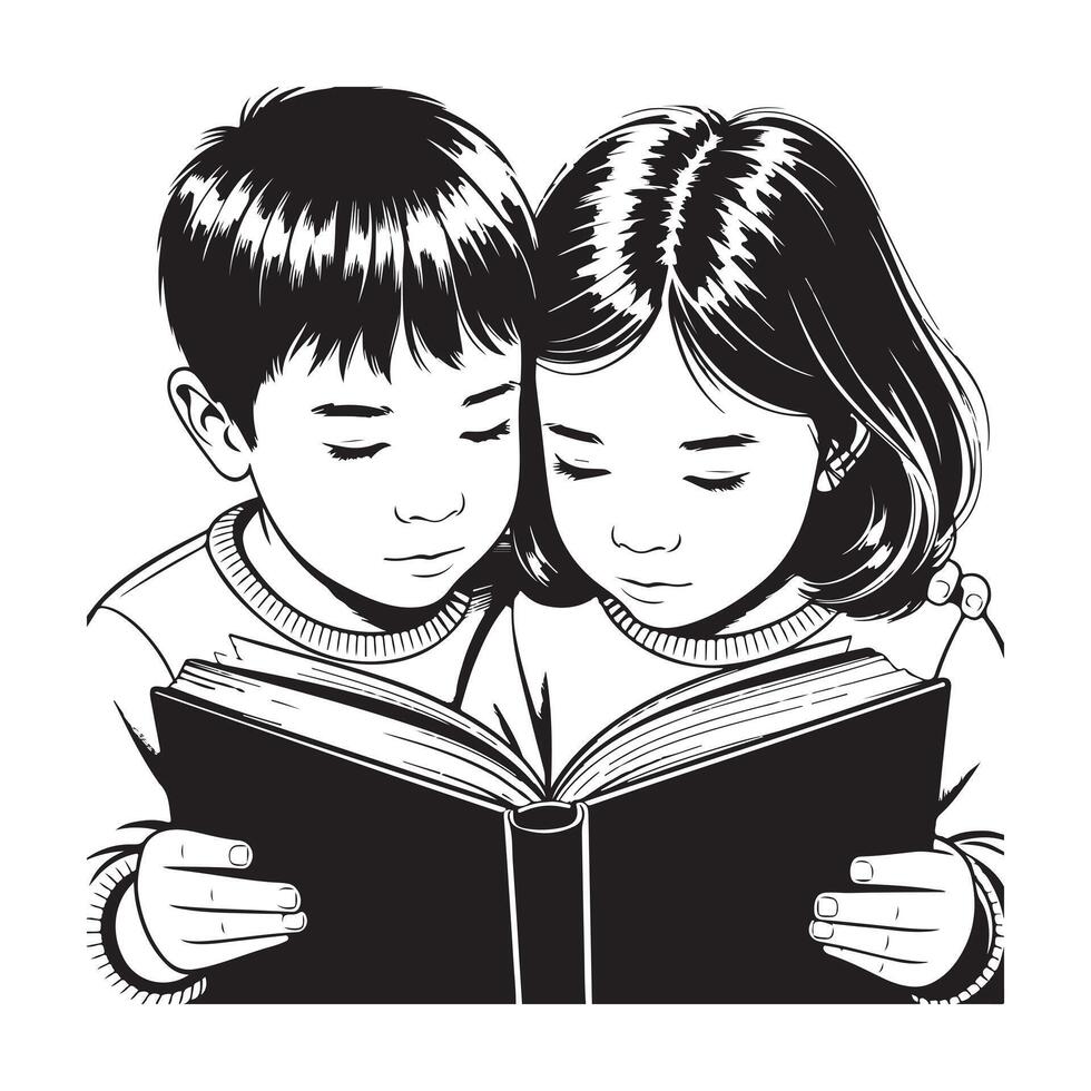 Boy and Girl Reading Together Vintage Style Illustration vector